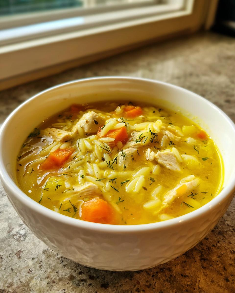 A white bowl filled with bright yellow Mediterranean lemon chicken soup featuring shredded chicken, orzo pasta, and chunks of carrot, garnished with dill.