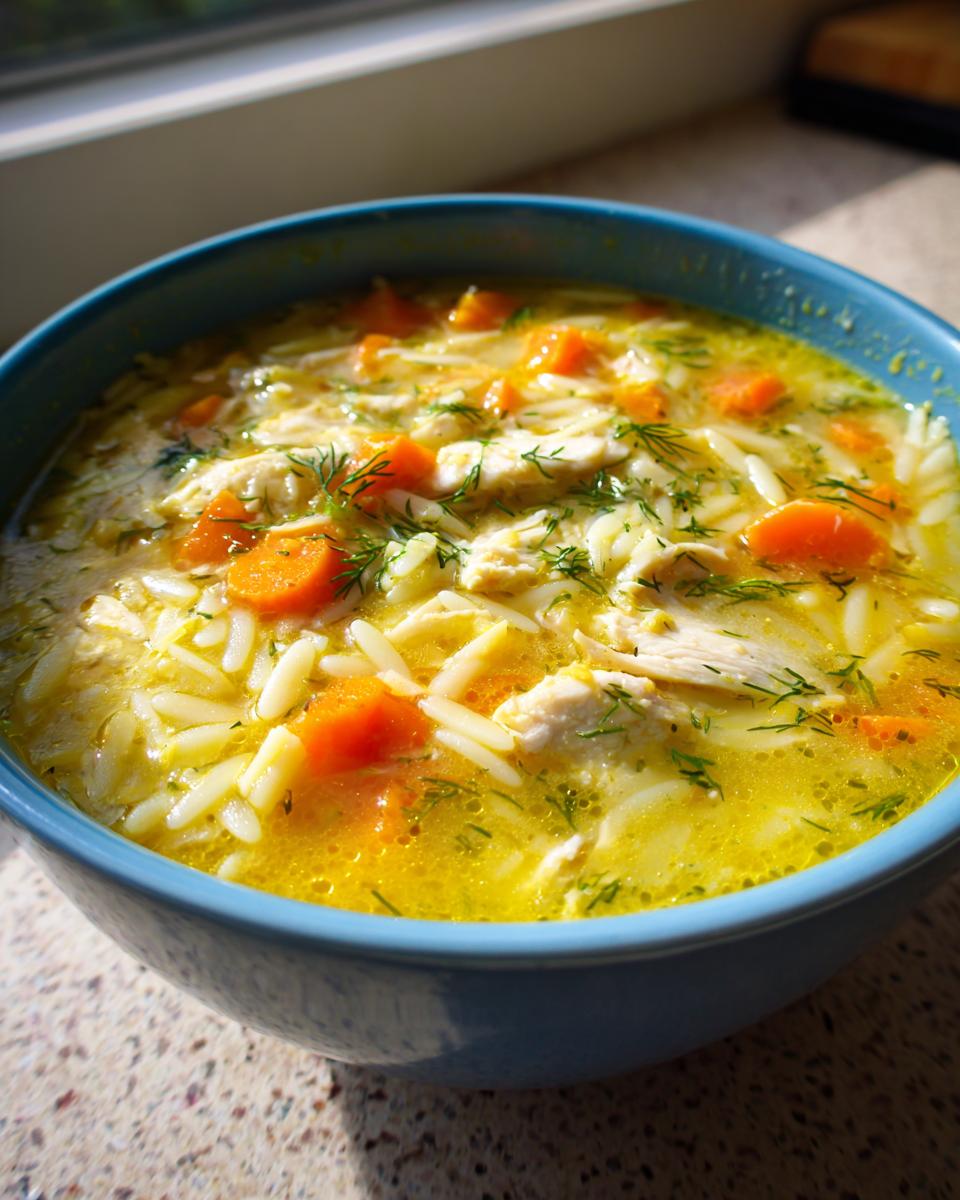 Close-up of a vibrant bowl of Mediterranean lemon chicken soup featuring shredded chicken, orzo pasta, bright orange carrots, and fresh dill.