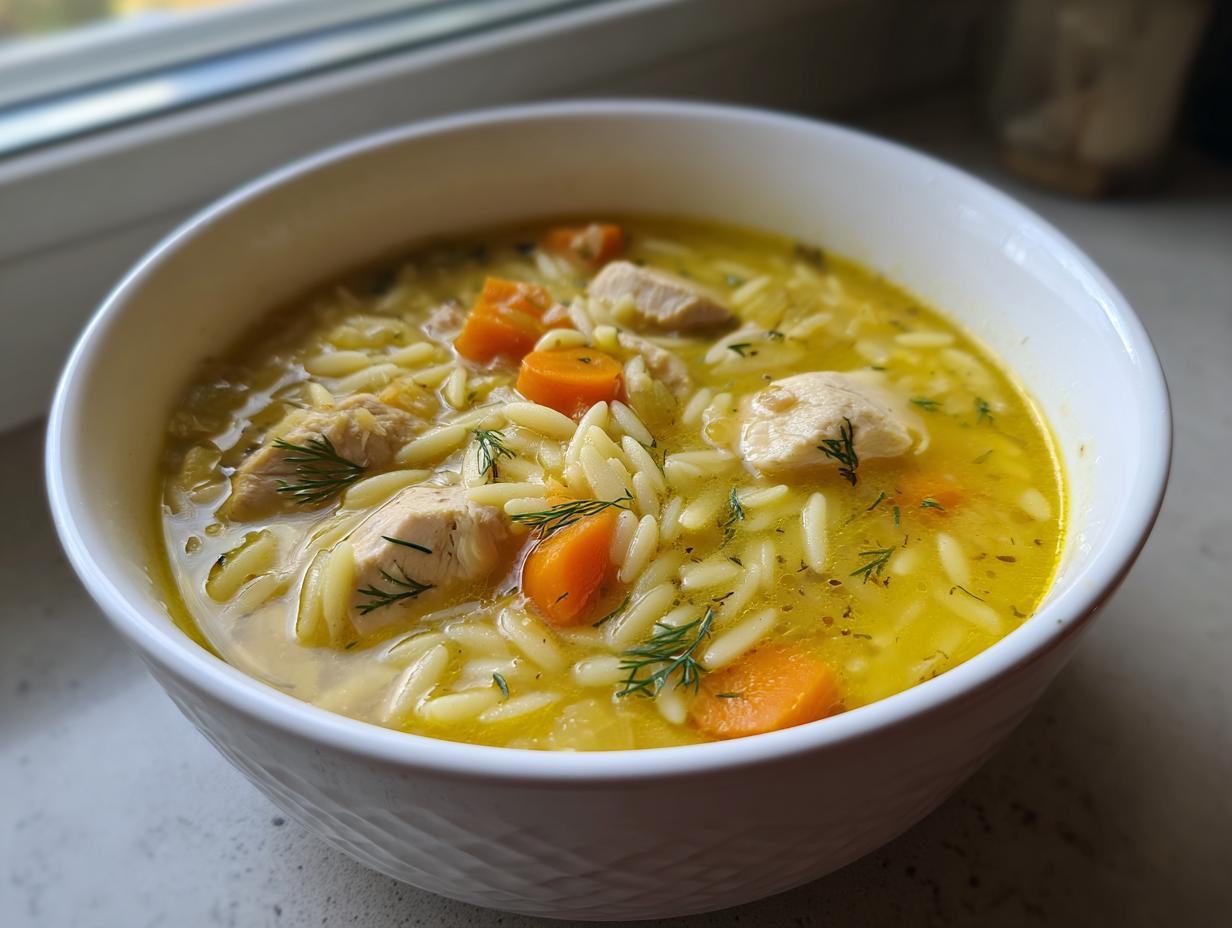 Close-up of a white bowl filled with bright yellow Mediterranean lemon chicken soup, featuring chunks of chicken, orzo pasta, carrots, and dill.