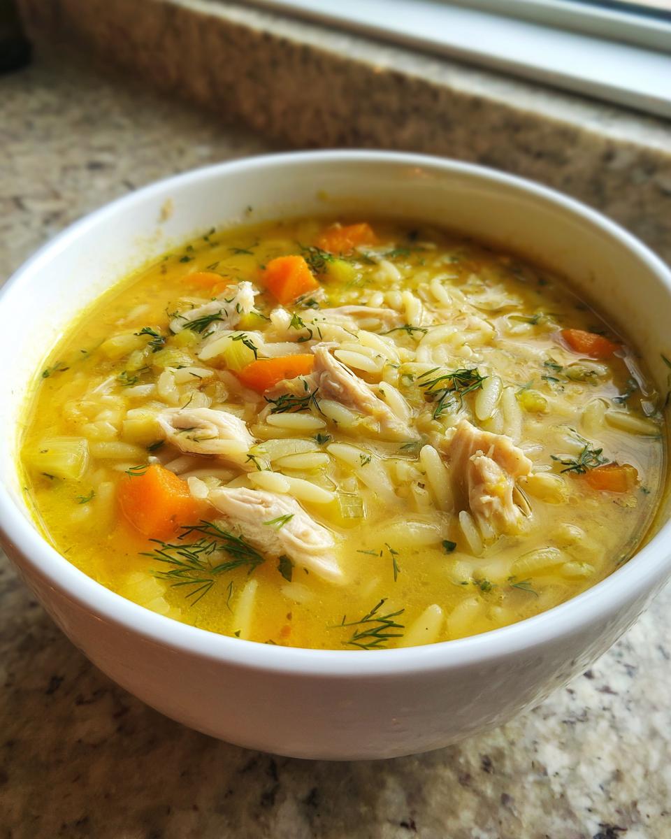 Close-up of a white bowl filled with vibrant Mediterranean lemon chicken soup, featuring shredded chicken, orzo pasta, carrots, and fresh dill.
