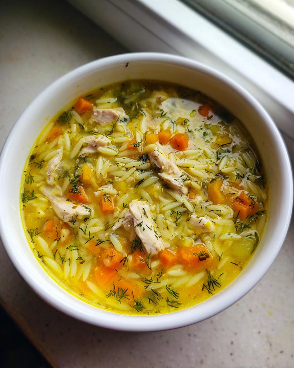 Close-up of a white bowl filled with vibrant Mediterranean lemon chicken soup, featuring shredded chicken, orzo pasta, carrots, and fresh dill.