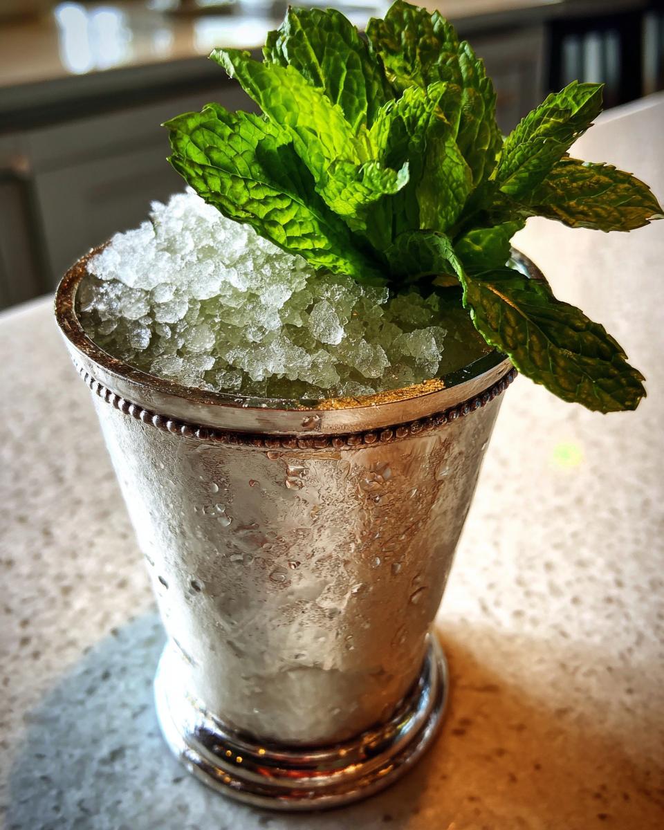 A classic Mint Julep cocktail served in a frosted silver cup, topped with crushed ice and a large sprig of fresh mint.