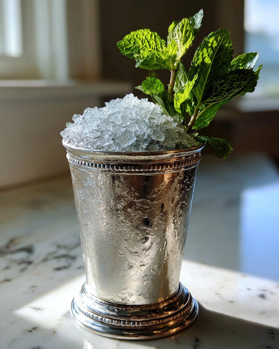 A classic Mint Julep cocktail served in a frosted silver cup, topped with crushed ice and fresh mint sprigs.
