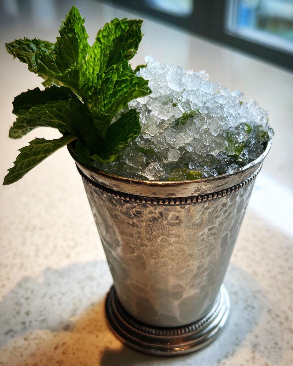 A classic Mint Julep cocktail served in a hammered silver cup, overflowing with crushed ice and garnished with fresh mint.