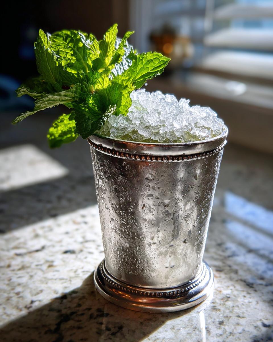 A classic Mint Julep cocktail served in a frosty silver cup, topped with crushed ice and a large sprig of fresh mint.