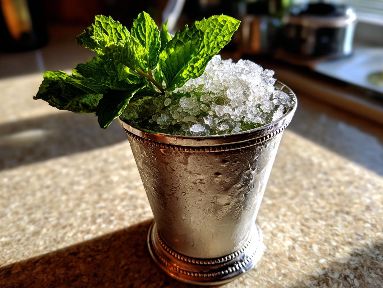 A classic Mint Julep cocktail served in a frosted silver julep cup, heavily garnished with fresh mint.