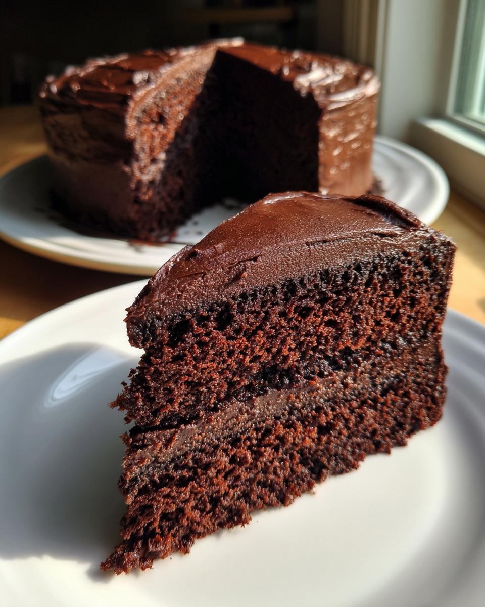 Close-up of a moist slice of Devil's food cake with dark chocolate frosting, with the rest of the cake blurred in the background.