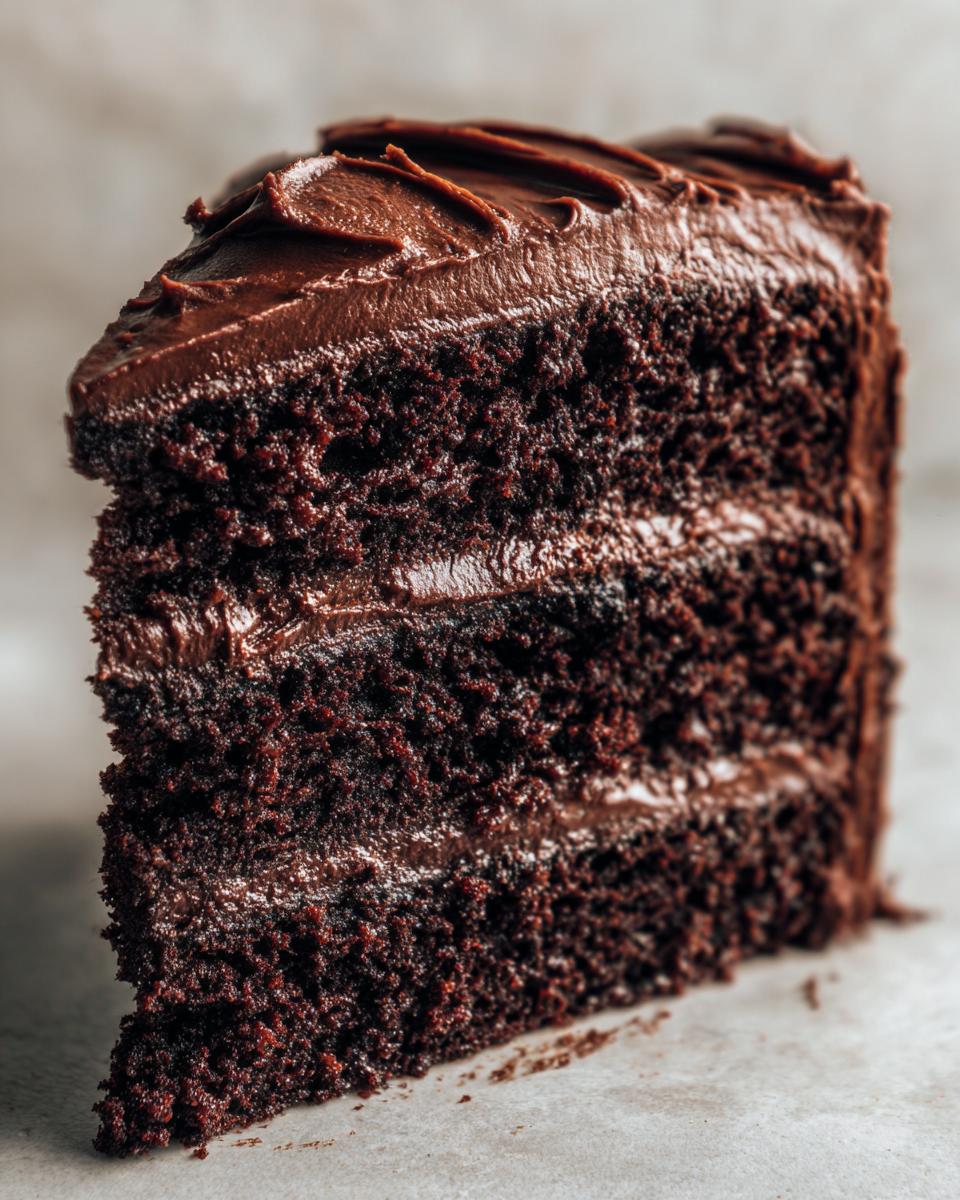 Close-up of a tall, moist slice of Devil's food cake showing three layers of dark chocolate cake and rich chocolate frosting.