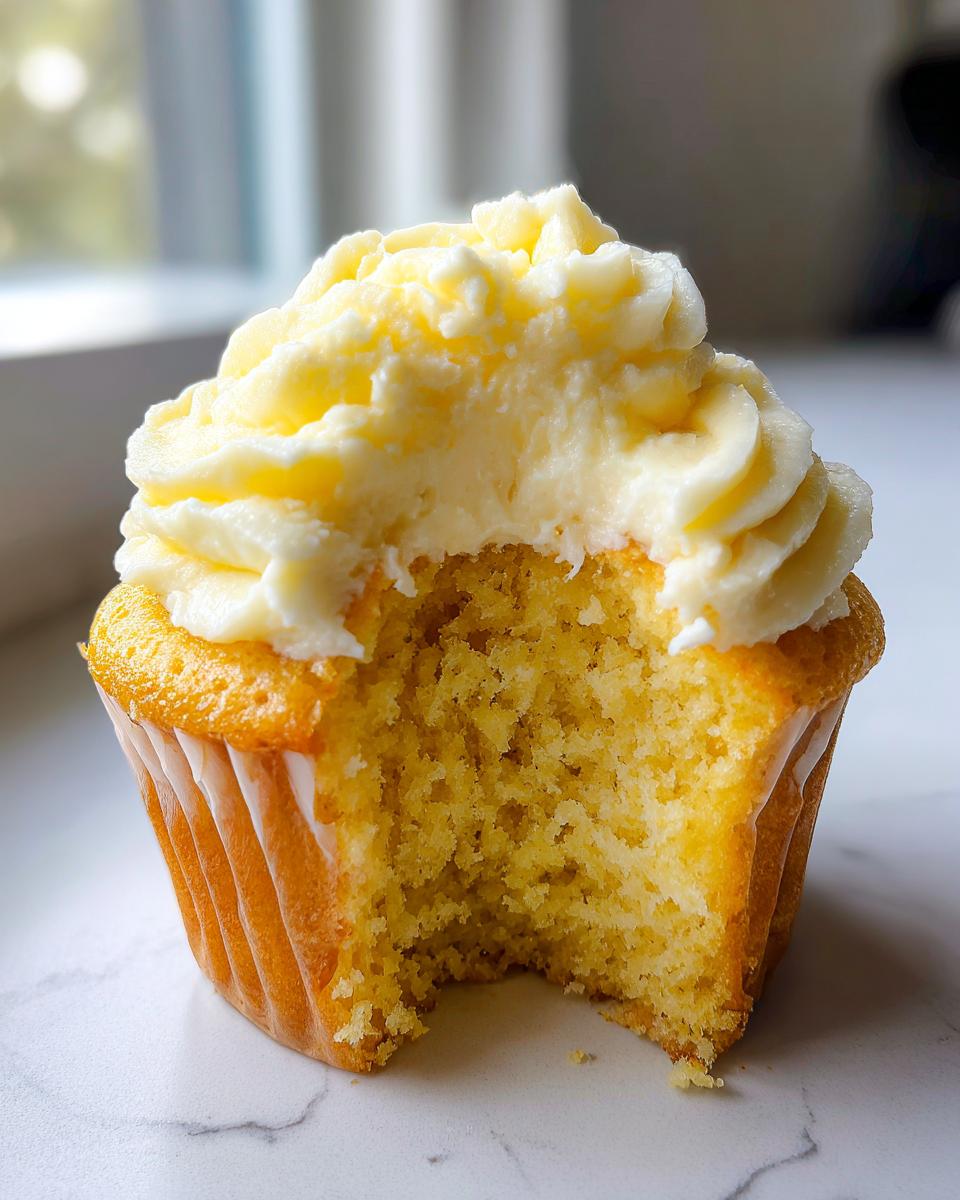 A close-up of a lemon cupcakes with a bite taken out, showing the moist yellow crumb and thick swirl of pale yellow frosting.