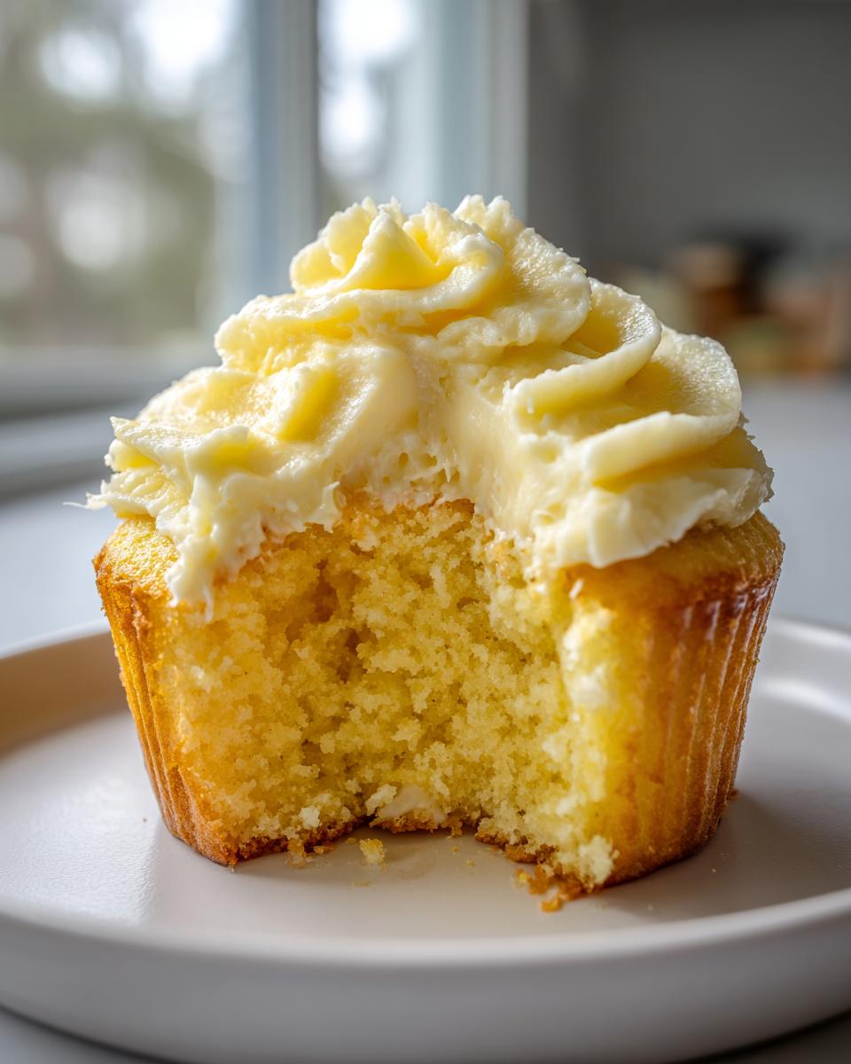 Close-up of a lemon cupcake with a bite taken out, revealing the moist crumb and thick, swirled frosting.