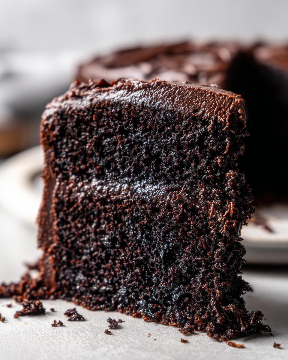 Close-up of a moist slice of dark chocolate Devil's food cake showing its rich crumb and thick chocolate frosting.