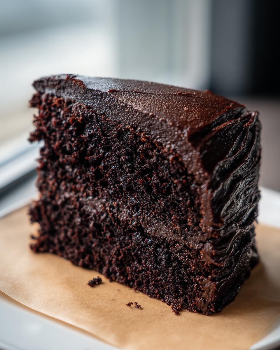 Close-up of a rich, dark slice of Devil's food cake covered in thick chocolate frosting.