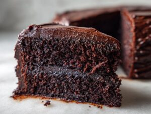 Close-up of a moist slice of dark chocolate Devil's food cake with thick, glossy frosting.