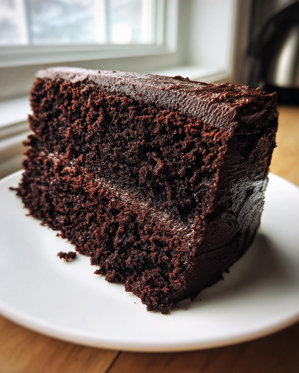 A generous slice of moist Devil's food cake layered with rich, dark chocolate frosting, sitting on a white plate.