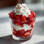 Close-up of a glass layered with fresh strawberries and whipped cream for a National Strawberries and Cream Day recipe.