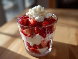 Close-up of a glass filled with layers of fresh strawberries, cream, and topped with whipped cream for a National Strawberries and Cream Day recipe.