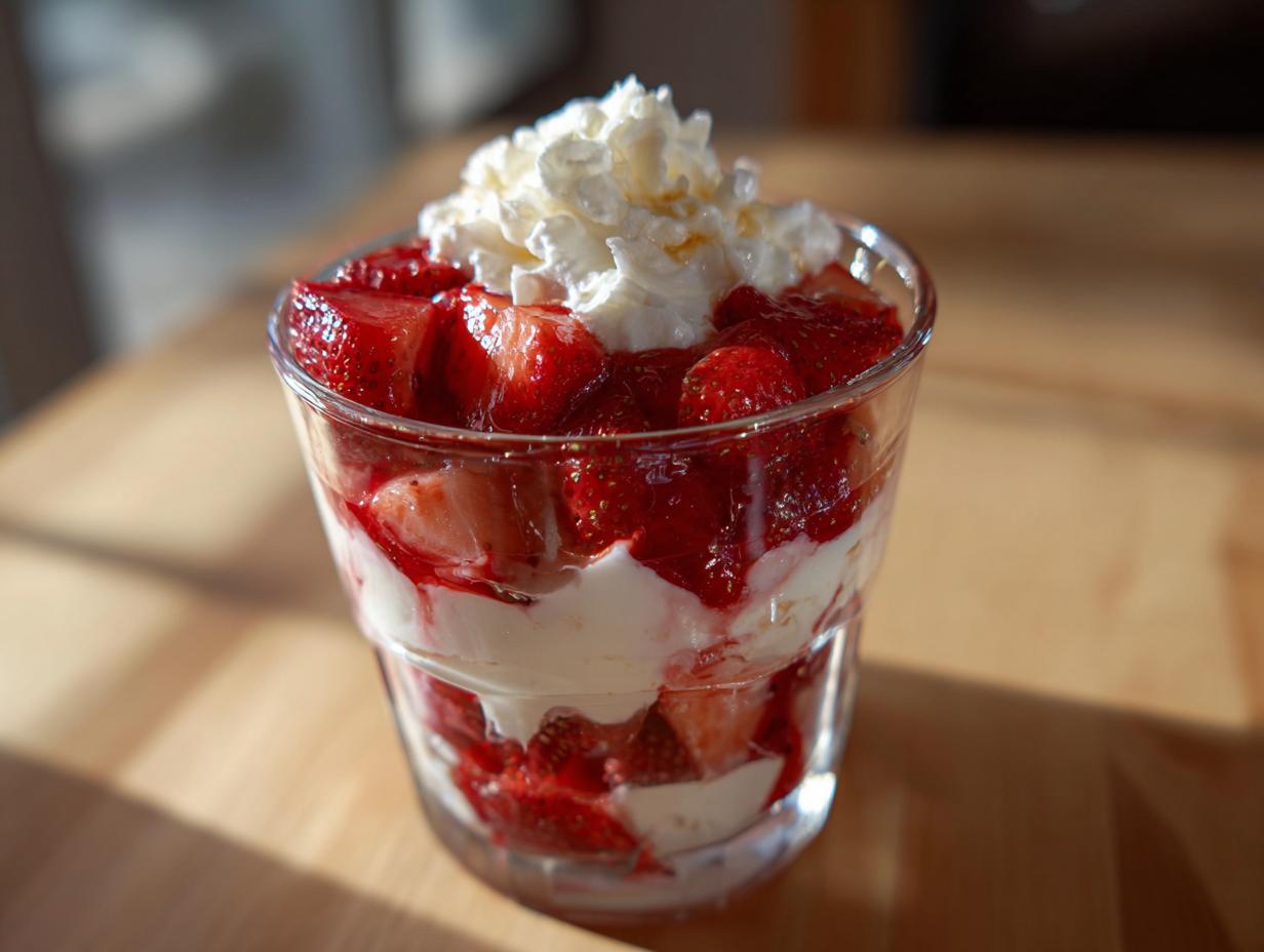 Close-up of a glass filled with layers of fresh strawberries, cream, and topped with whipped cream for a National Strawberries and Cream Day recipe.