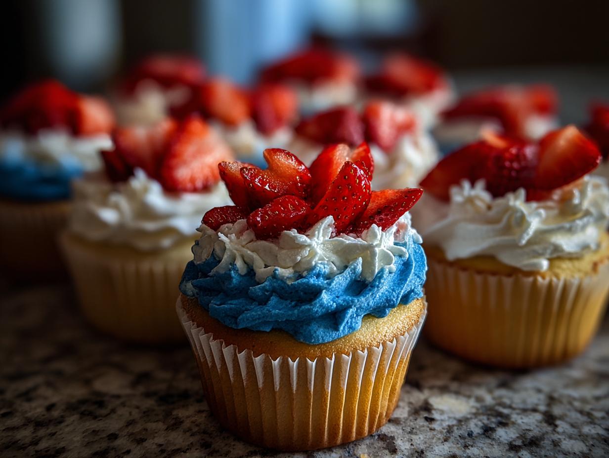 A close-up of one of the Patriotic flag cupcakes featuring blue frosting, white whipped cream, and sliced strawberries on top.