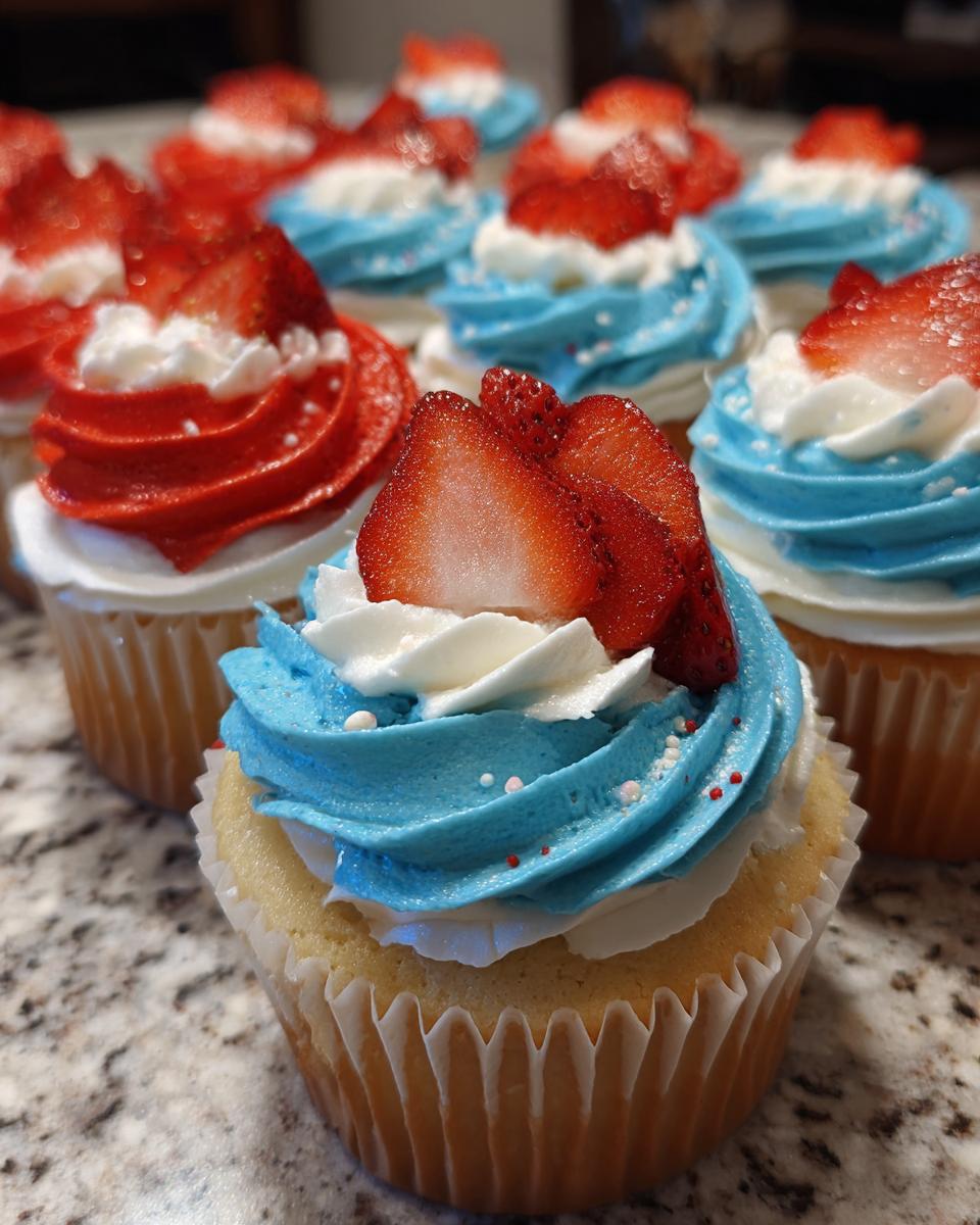 Close-up of Patriotic flag cupcakes featuring white, blue, and red frosting topped with fresh strawberry slices.