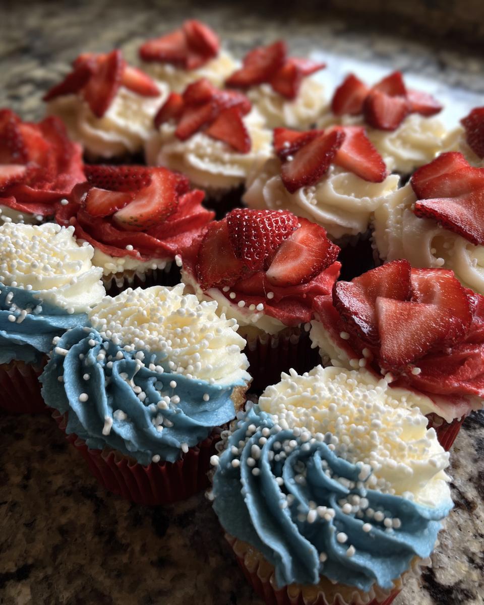 Close-up of several Patriotic flag cupcakes decorated with blue, white, and red frosting and topped with sliced strawberries.
