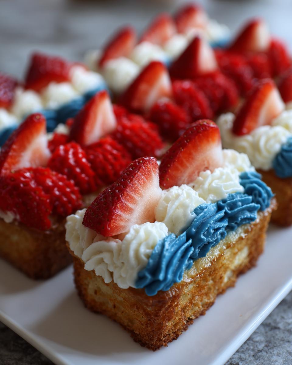 Close-up of rectangular Patriotic flag cupcakes topped with red strawberries, white frosting, and blue frosting.