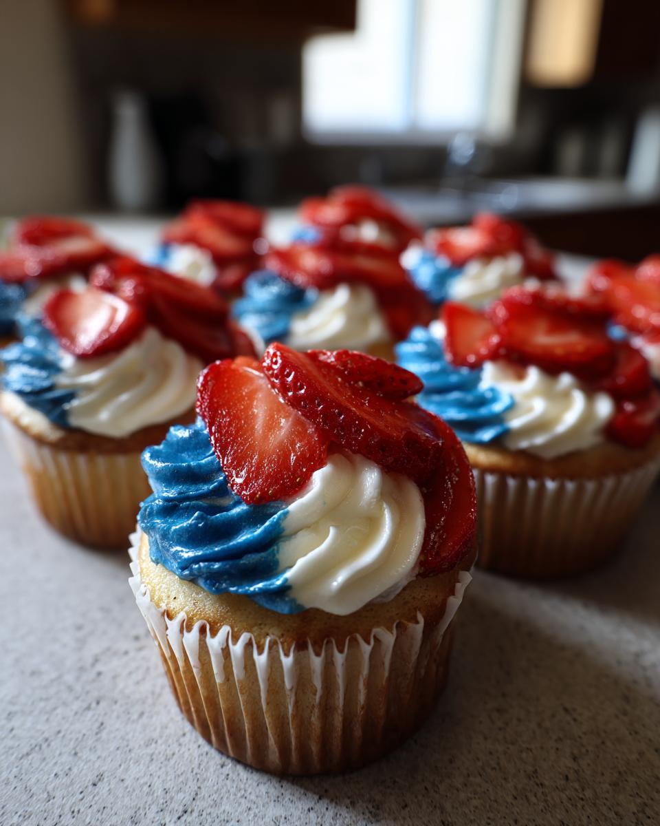 A close-up of one of the Patriotic flag cupcakes featuring white and blue frosting topped with sliced strawberries.