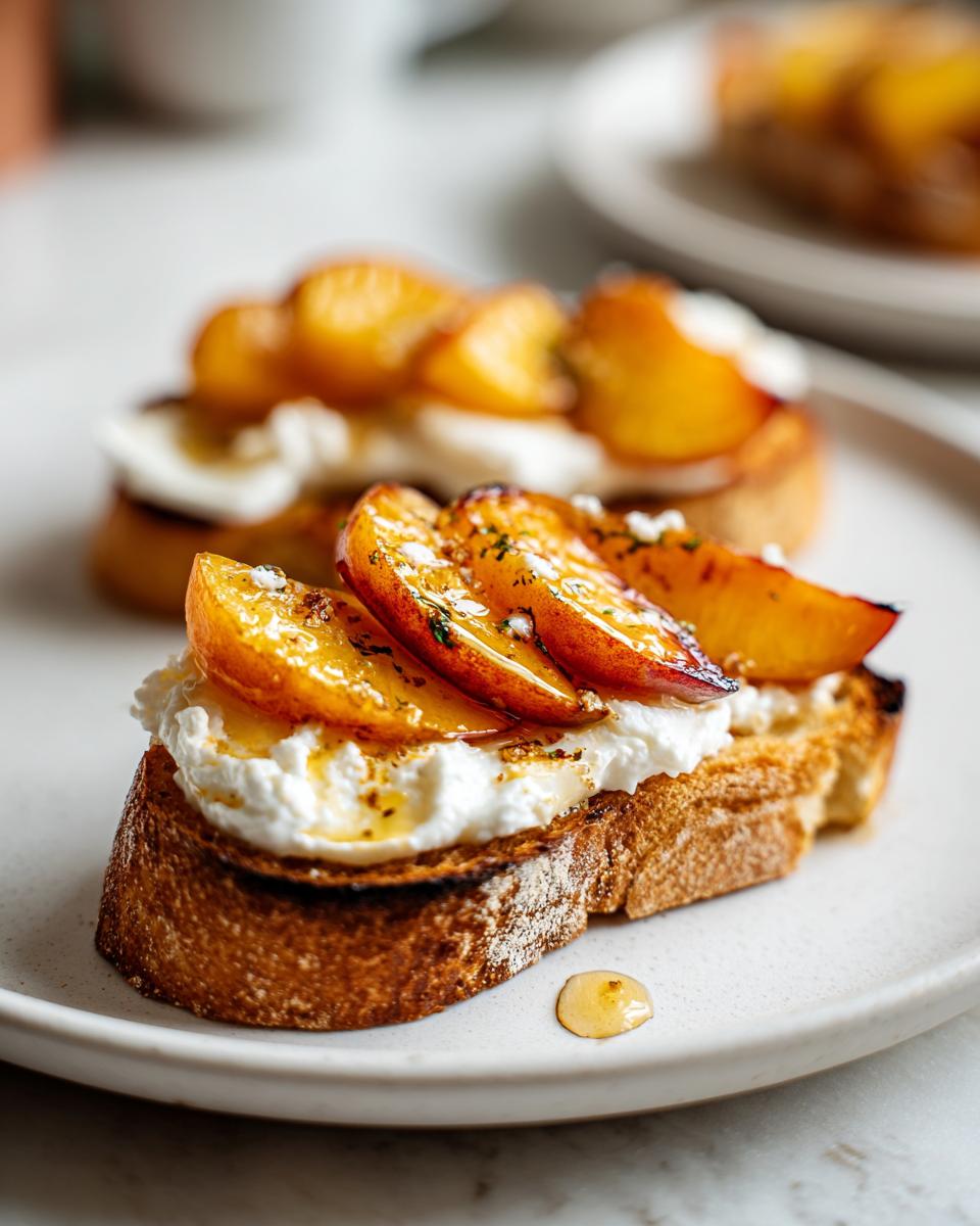 A close-up of a perfectly toasted slice of bread topped with creamy burrata cheese, grilled peaches, and a honey drizzle, showcasing the Peach burrata crostini.