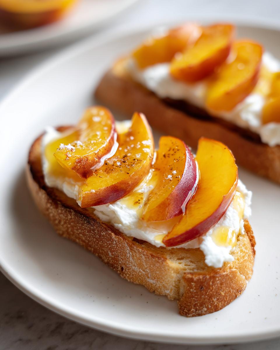 A close-up of a perfectly toasted slice of peach burrata crostini topped with creamy cheese, fresh peach slices, and a drizzle of honey.
