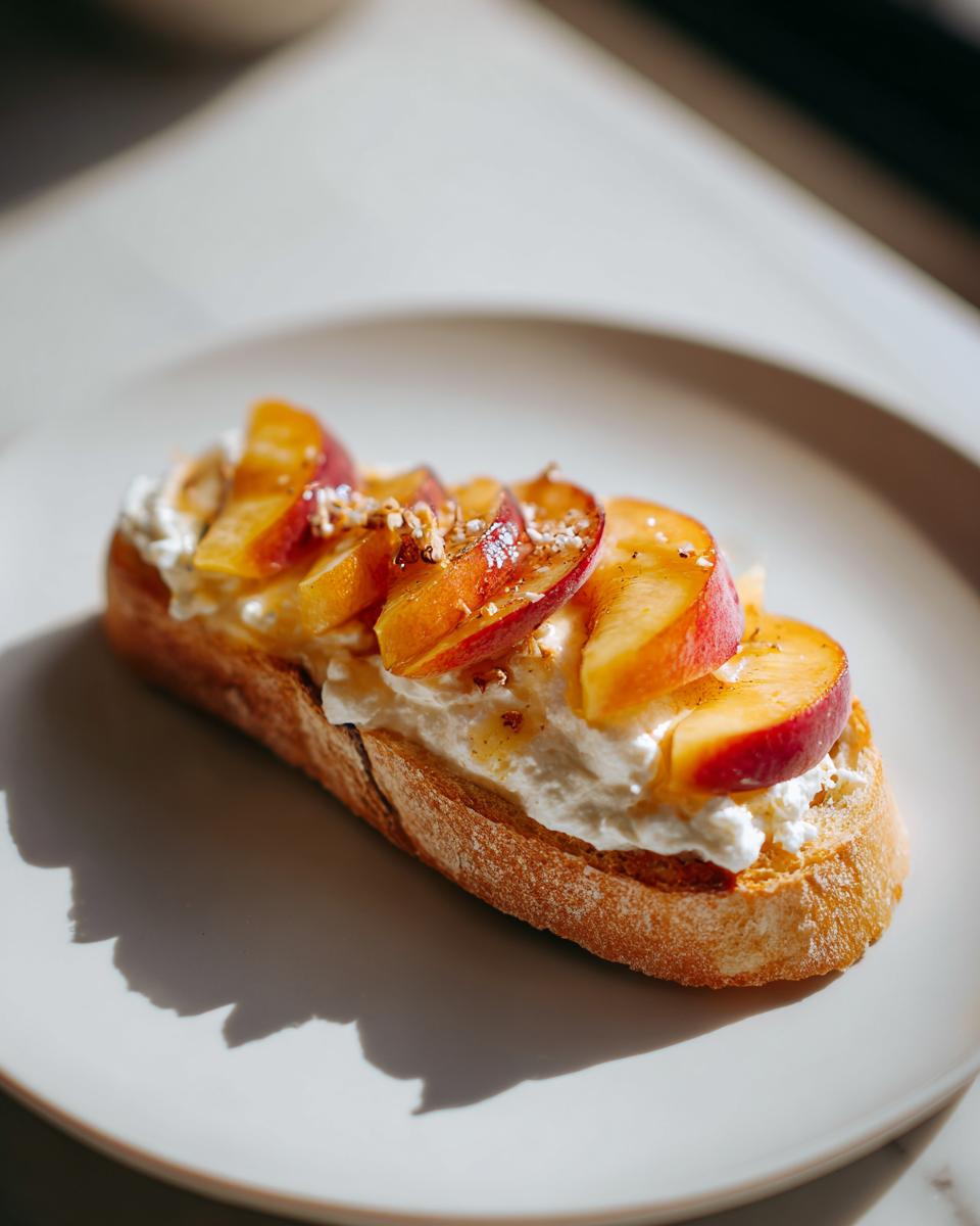 Close-up of a single peach burrata crostini topped with sliced fresh peaches and nuts, resting on a white plate.