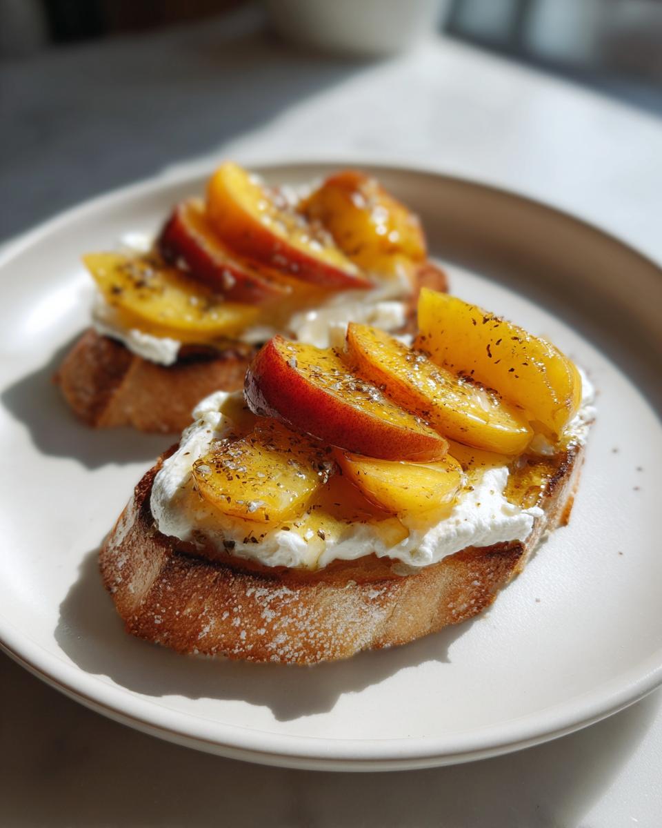Two slices of toasted bread topped with creamy burrata, fresh peach slices, and honey, making a delicious peach burrata crostini.