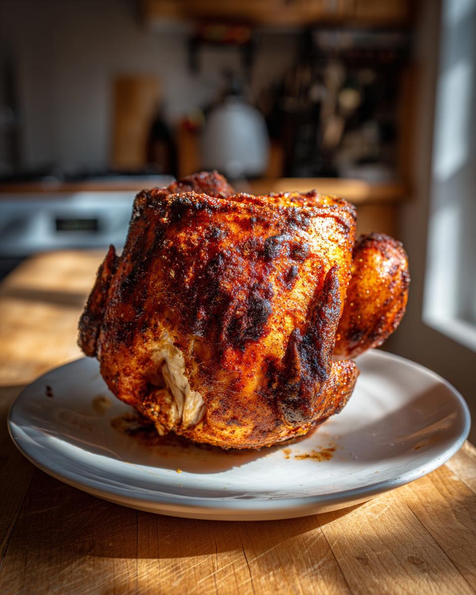 A whole, beautifully roasted Beer Can Chicken with dark, crispy, seasoned skin sitting on a white plate.