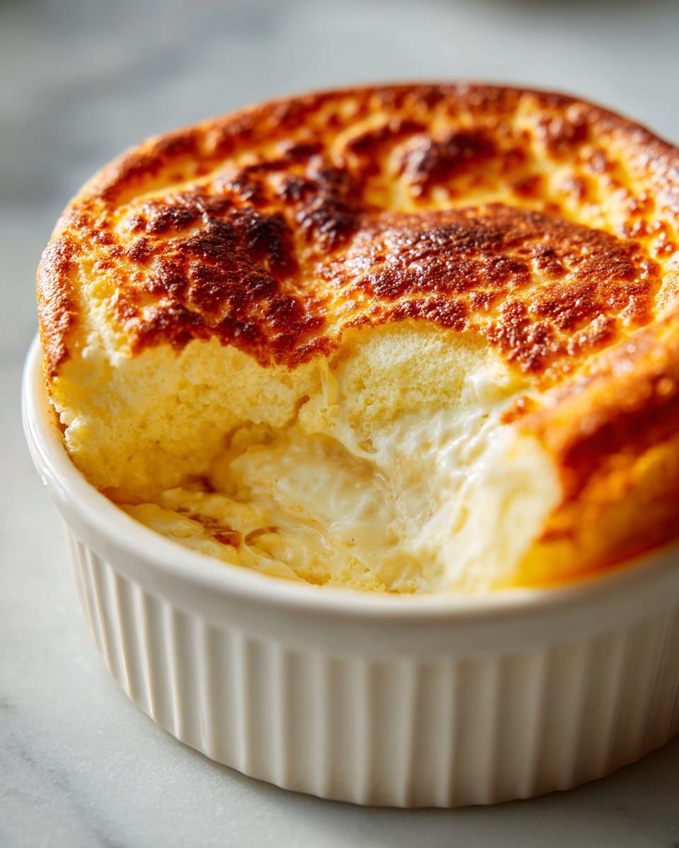 Close-up of a golden brown Cheese Soufflé that has risen high in a white ramekin, showing a soft, creamy interior.