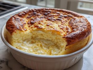 A golden brown, perfectly risen Cheese soufflé in a white ramekin, showing a soft, creamy center.