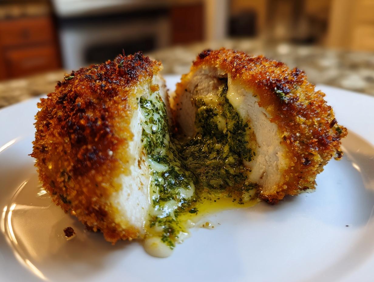 A perfectly cooked Chicken Kiev cut in half, showing the golden crust and melted herb butter filling flowing out.