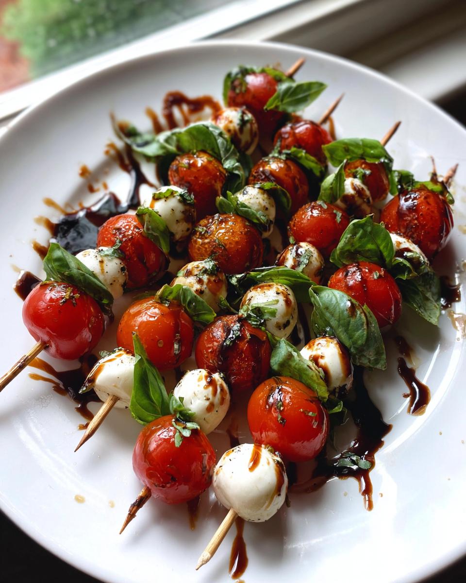 A white plate filled with several Caprese skewers featuring cherry tomatoes, mozzarella balls, and fresh basil, drizzled heavily with balsamic glaze.