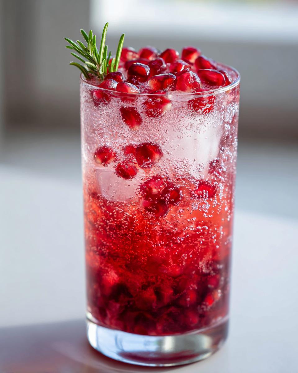 Close-up of a tall glass filled with a bubbly, deep red pomegranate spritz mocktail, topped with fresh pomegranate seeds and a rosemary sprig.
