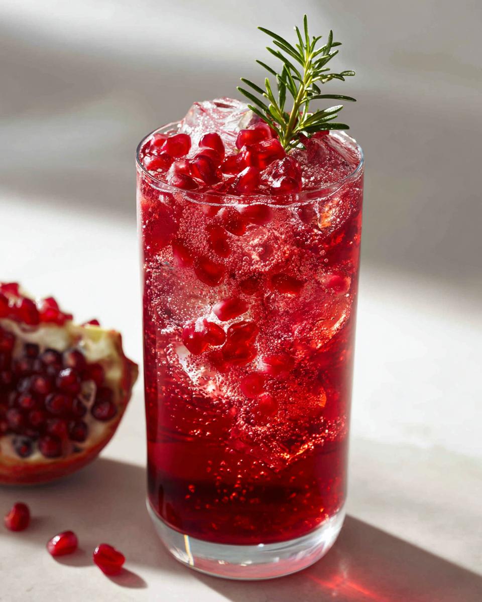 A tall glass filled with a vibrant red pomegranate spritz mocktail, ice, and arils, garnished with a sprig of rosemary.