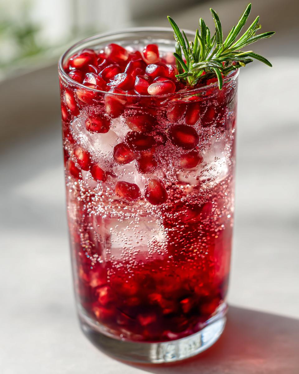 Close-up of a tall glass filled with a bubbly pomegranate spritz mocktail, ice, and fresh pomegranate seeds, garnished with rosemary.