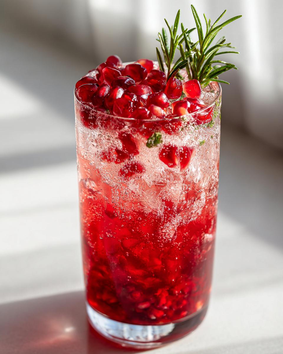 Close-up of a tall glass filled with a vibrant red Pomegranate spritz mocktail, topped with fresh pomegranate seeds and rosemary sprigs.