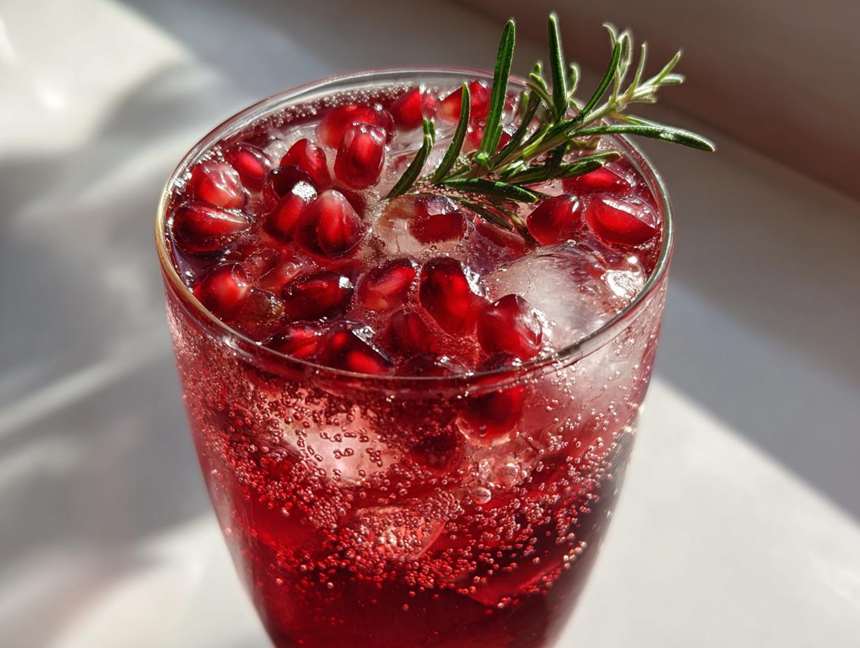 Close-up of a fizzy Pomegranate spritz mocktail filled with ice and bright red pomegranate seeds, garnished with a sprig of rosemary.