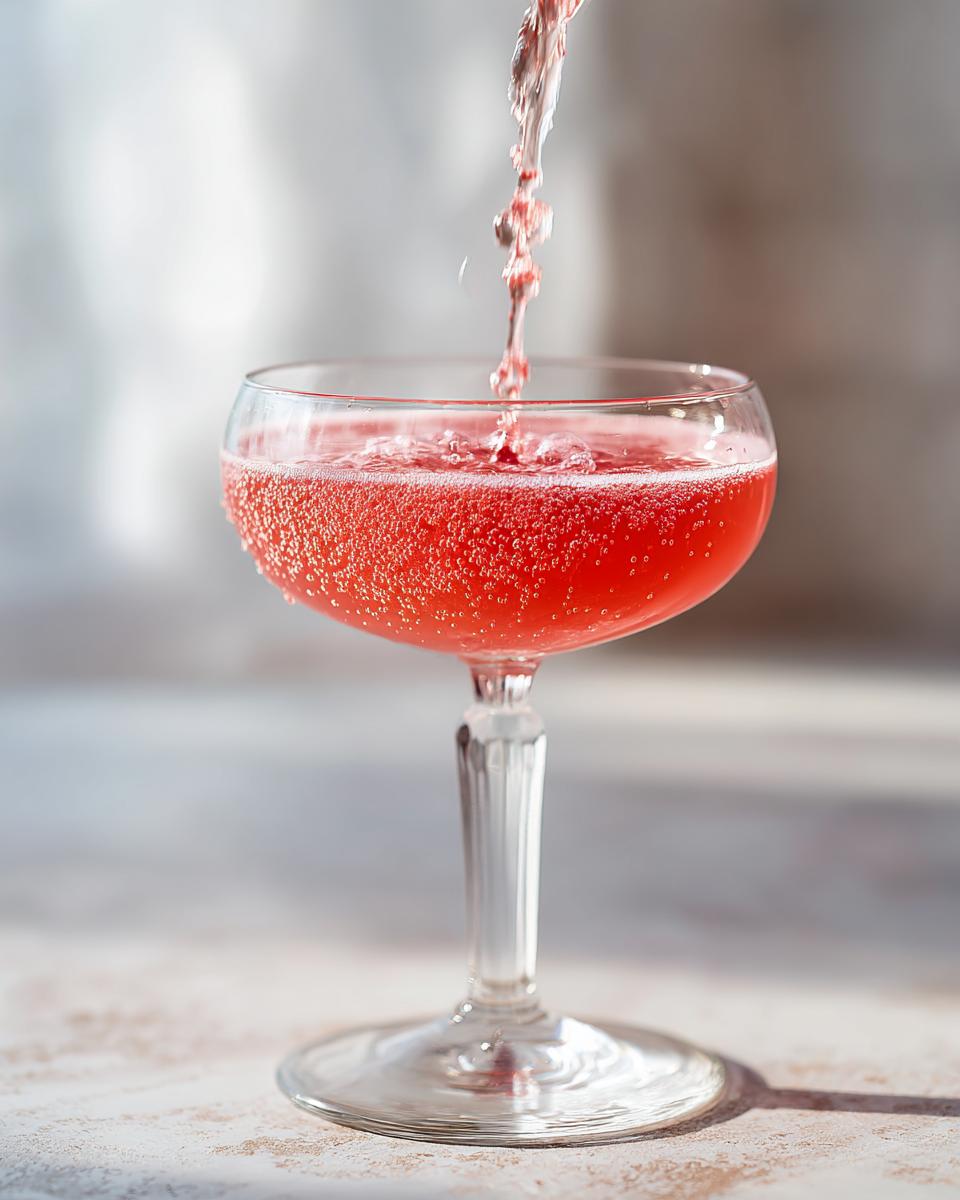 Close-up of a vibrant pink Raspberry lemonade mimosa being poured into a stemmed coupe glass, creating bubbles.