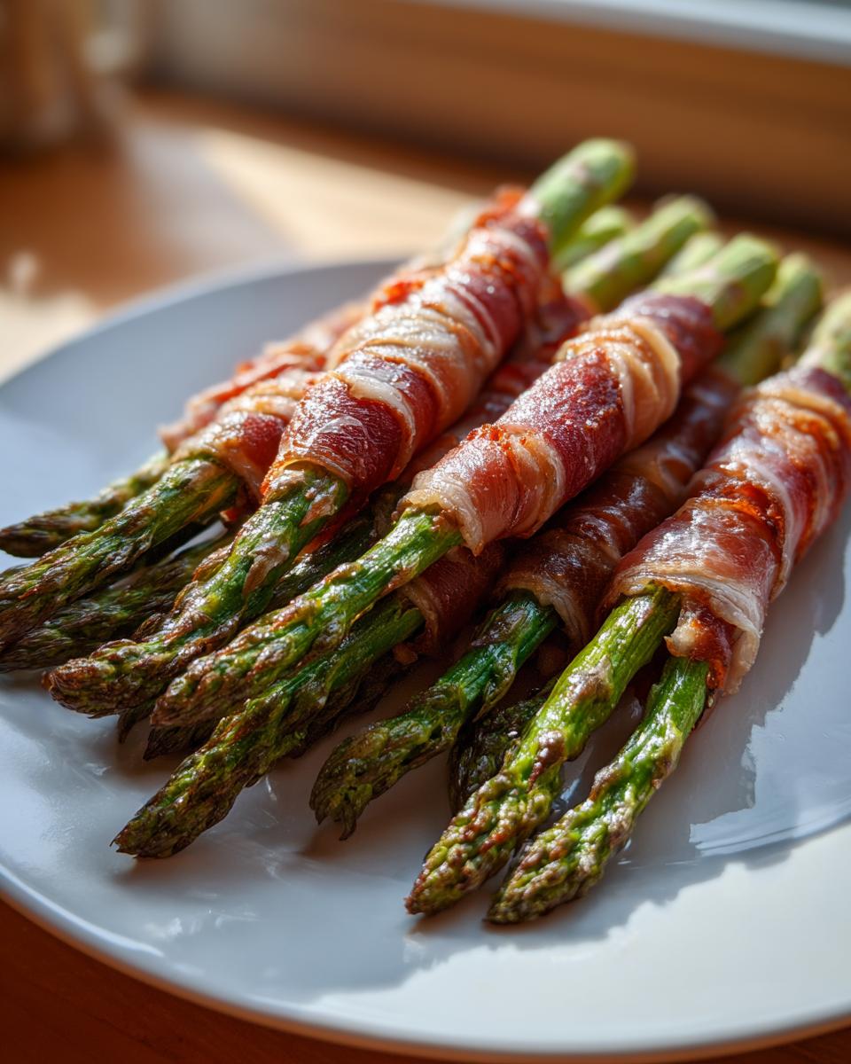 Close-up of perfectly cooked Prosciutto wrapped asparagus bundles resting on a white serving plate.