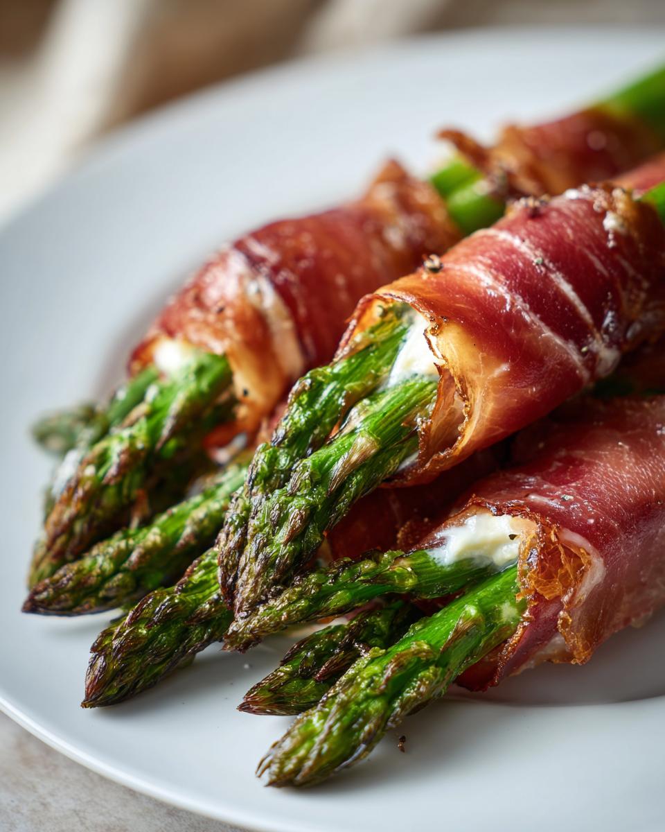 Close-up of perfectly cooked Prosciutto wrapped asparagus spears, showing crispy prosciutto and bright green tips.