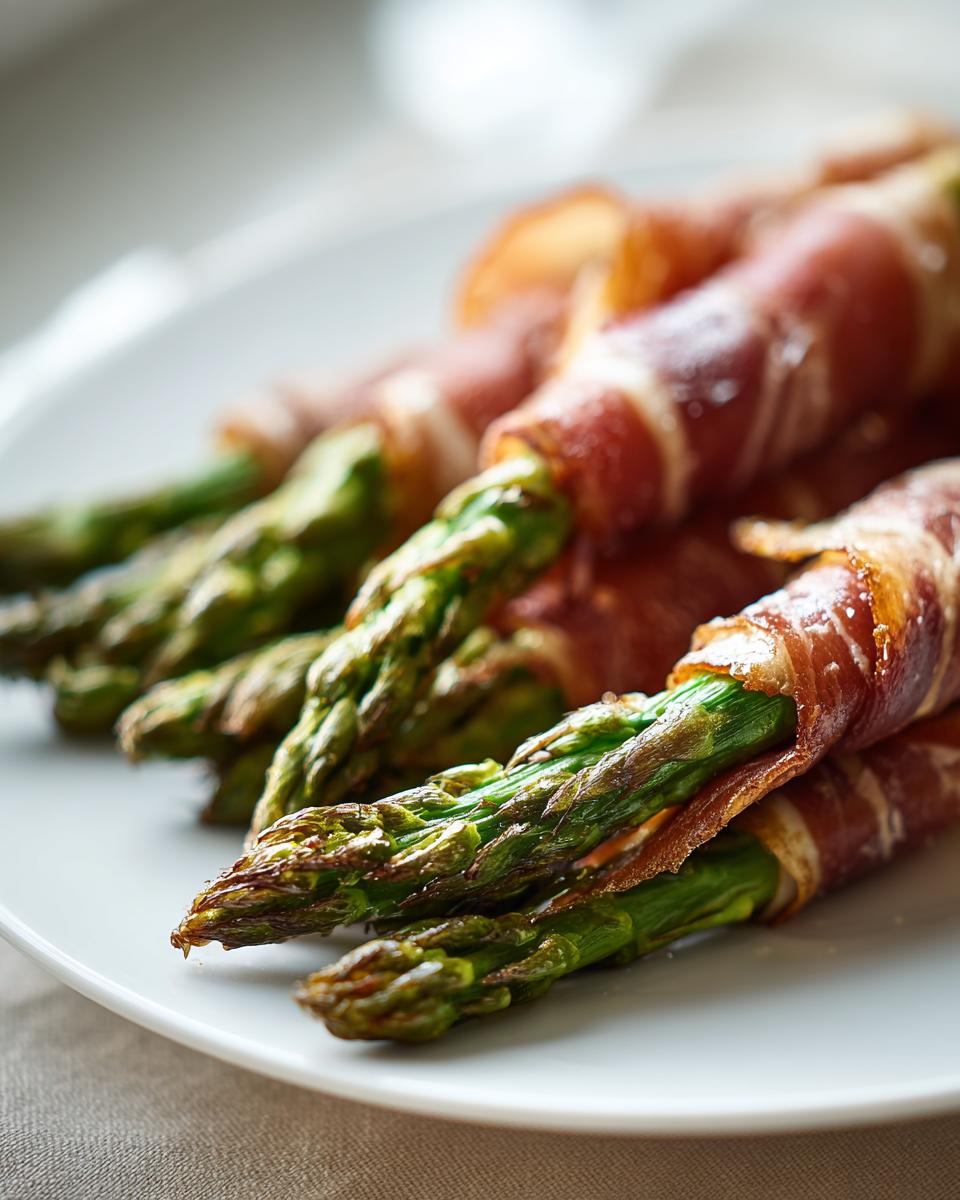 Close-up of perfectly cooked Prosciutto wrapped asparagus spears resting on a white plate.