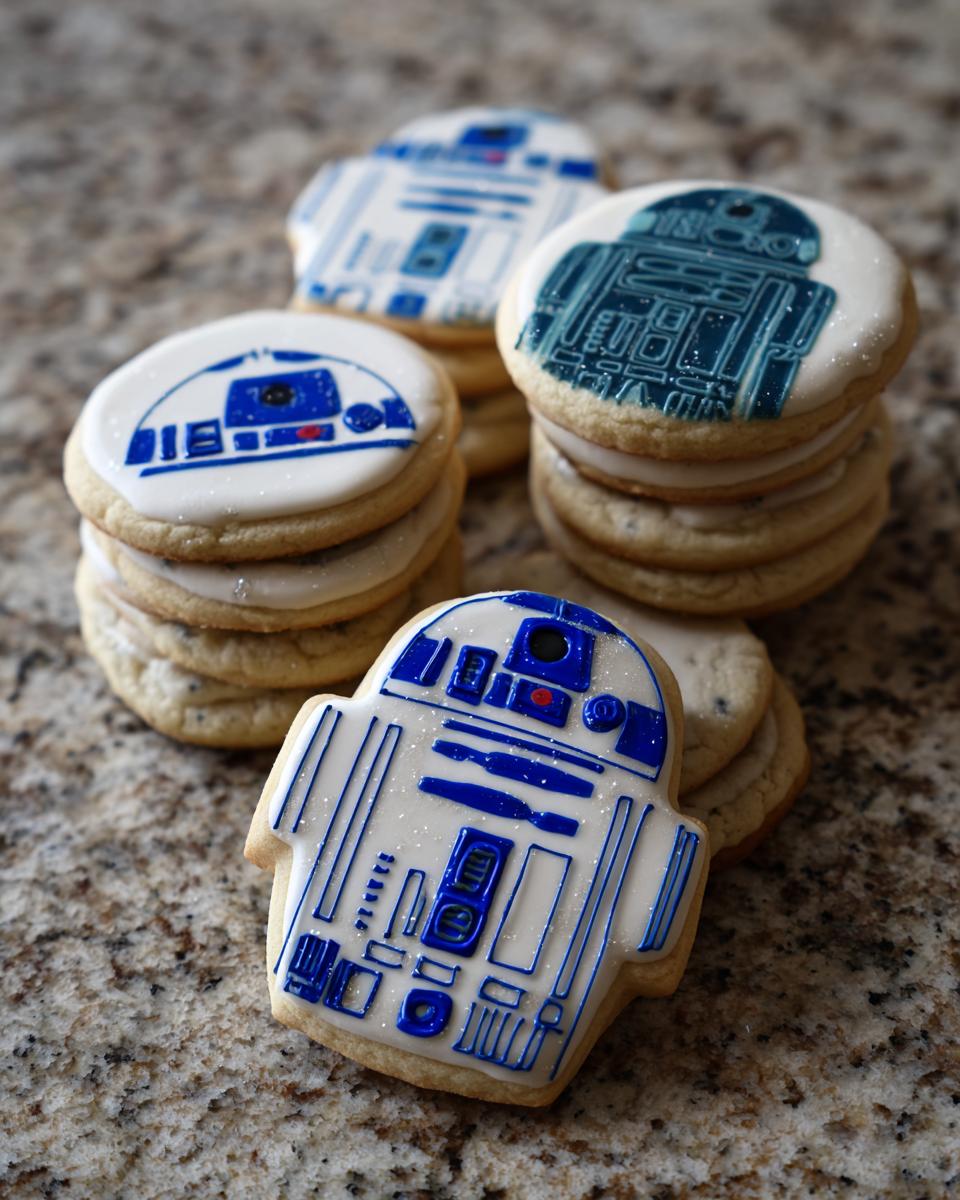 Close-up of decorated Star Wars sugar cookies shaped like R2-D2, stacked on a granite countertop.