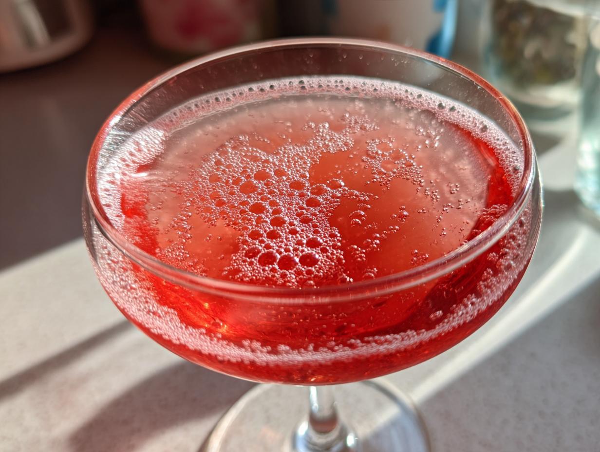 Close-up overhead view of a bright red, bubbly Raspberry lemonade mimosa served in a coupe glass.