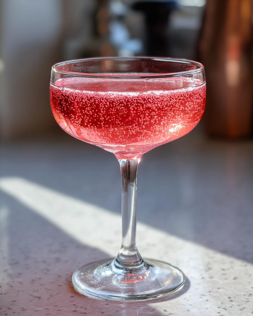 Close-up of a vibrant pink Raspberry lemonade mimosa cocktail with visible bubbles in a coupe glass.