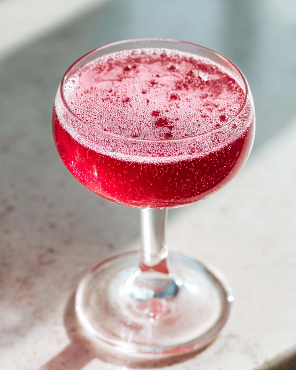 Close-up of a vibrant red Raspberry lemonade mimosa with fizzy bubbles in a delicate coupe glass.