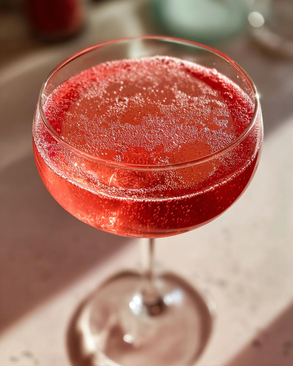 Close-up overhead shot of a bright pink, bubbly Raspberry lemonade mimosa served in a coupe glass.