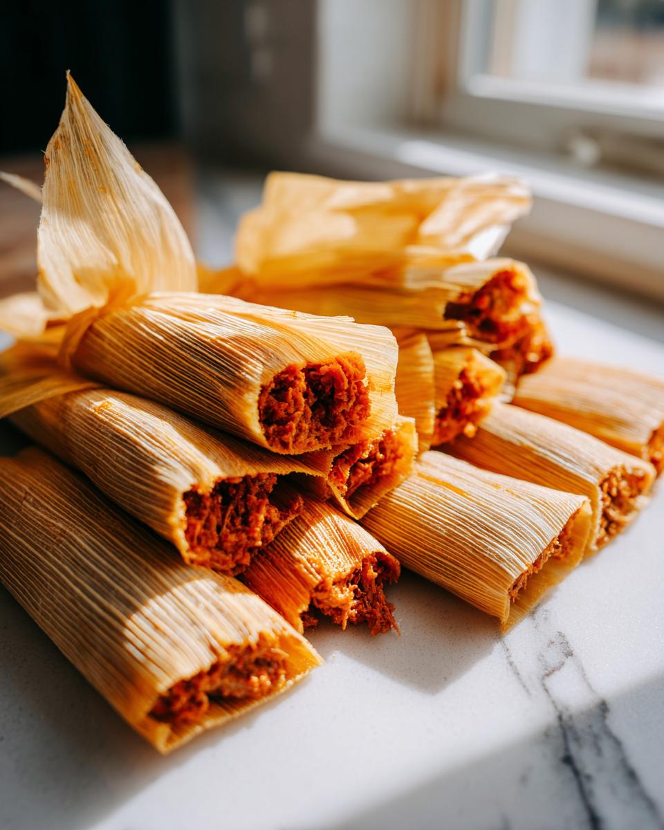 A pile of freshly made tamales, unwrapped slightly to show the rich, red filling inside the corn husks.